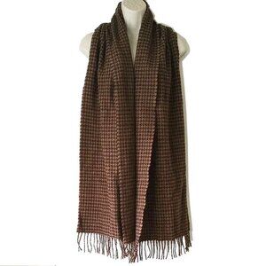 NWOT Sezane Virgin Wool Houndstooth Fringed Scarf 15x73 Black Camel